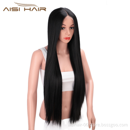 Aisi Hair New Design Silky Straight Lace Front Long Wigs Heat Resistant Synthetic Fiber Black Long Straight Wig for Women